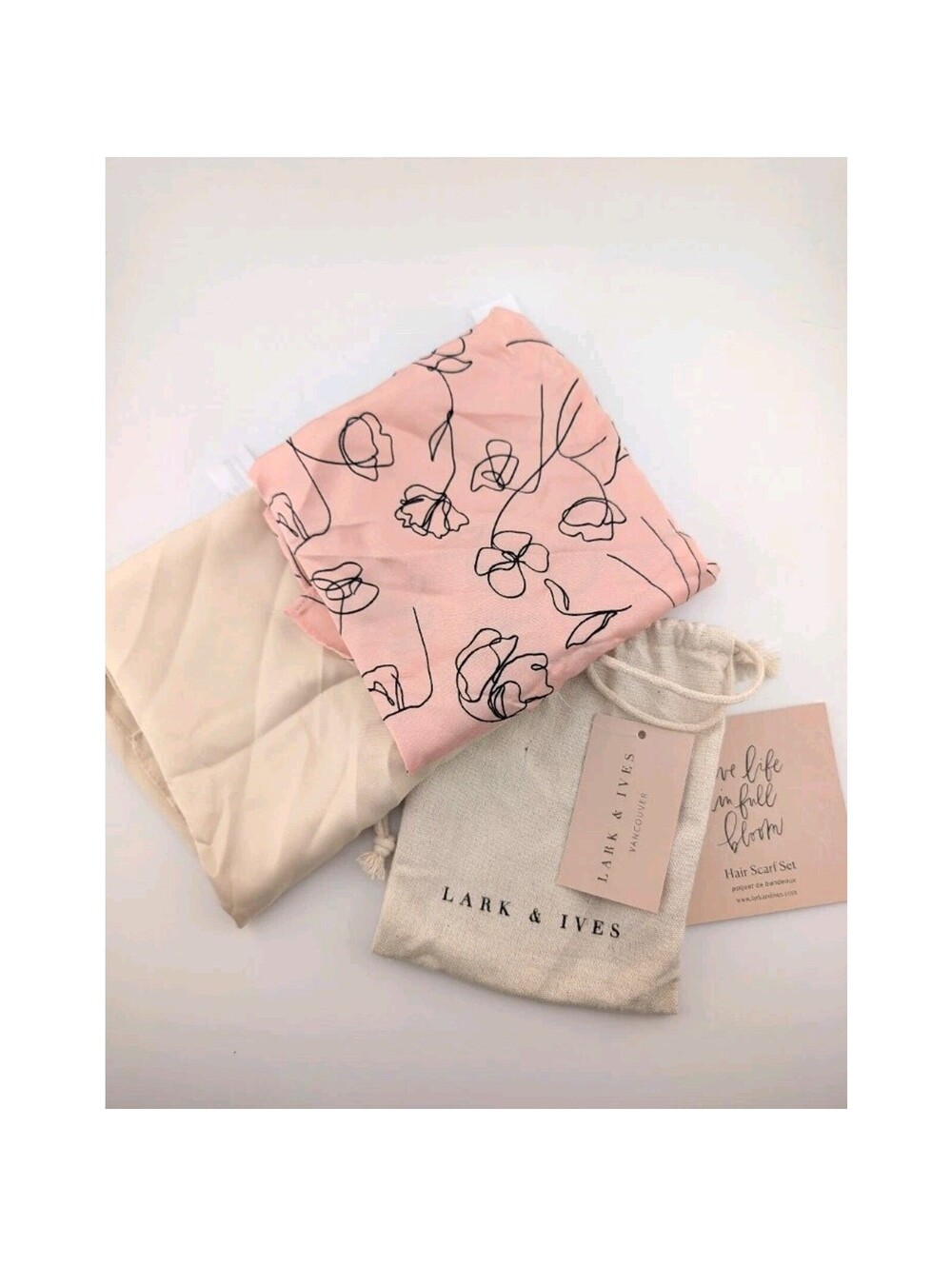 Lark And Ives Hair Scarf Set Pink Beige Flowers Floral Satin Head Wrap